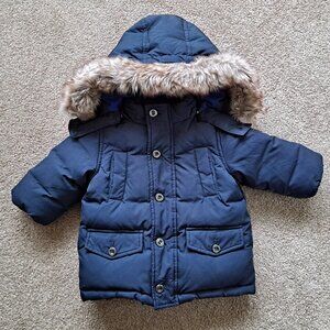 Jacadi Paris Baby Navy Down Puffer Winter Coat Faux Fur Hood